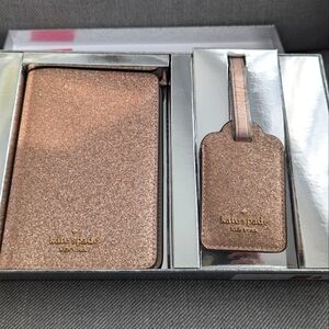 Kate Spade NWT Rose Gold Glitter Passport Holder and Luggage Tag